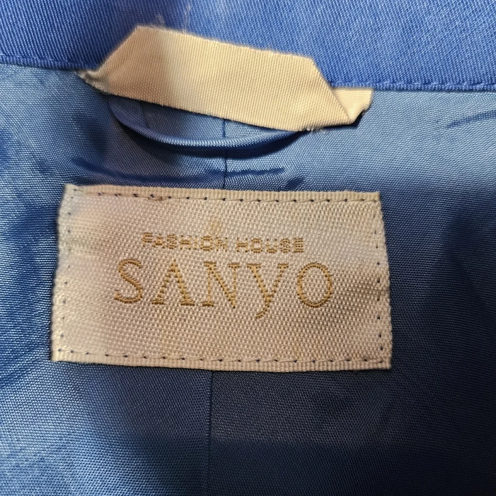 Vintage Sanyo Fashion House Blue 100% Silk Jacket Sz 8 Button Up Coat Japan Made